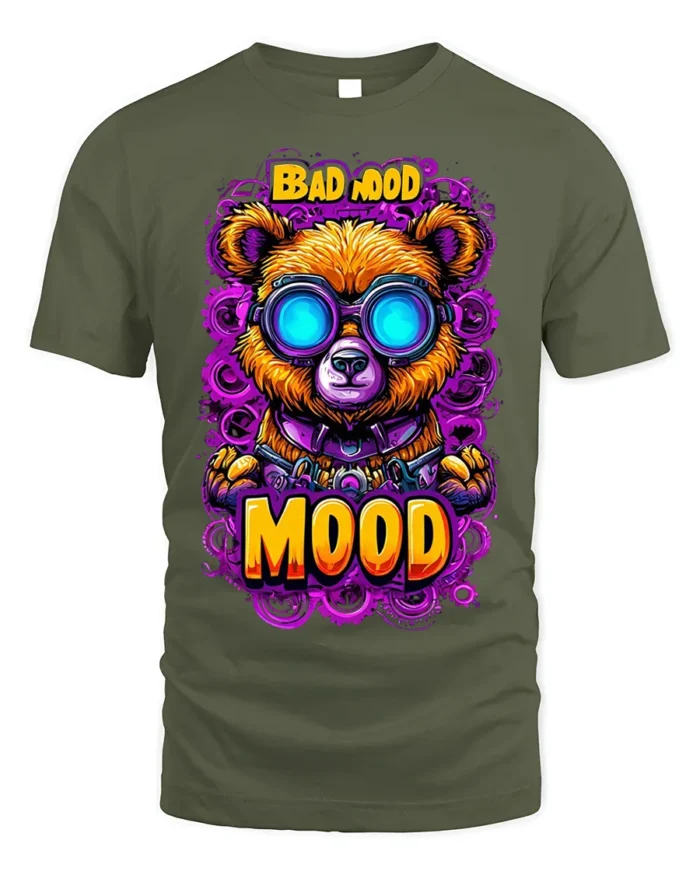 Bad Mood Bear Neon Goggles Street Art T-Shirt - military green t-shirt on white background