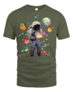 Cosmic Astronaut Holding Planets Space T-Shirt - military green t-shirt on white background