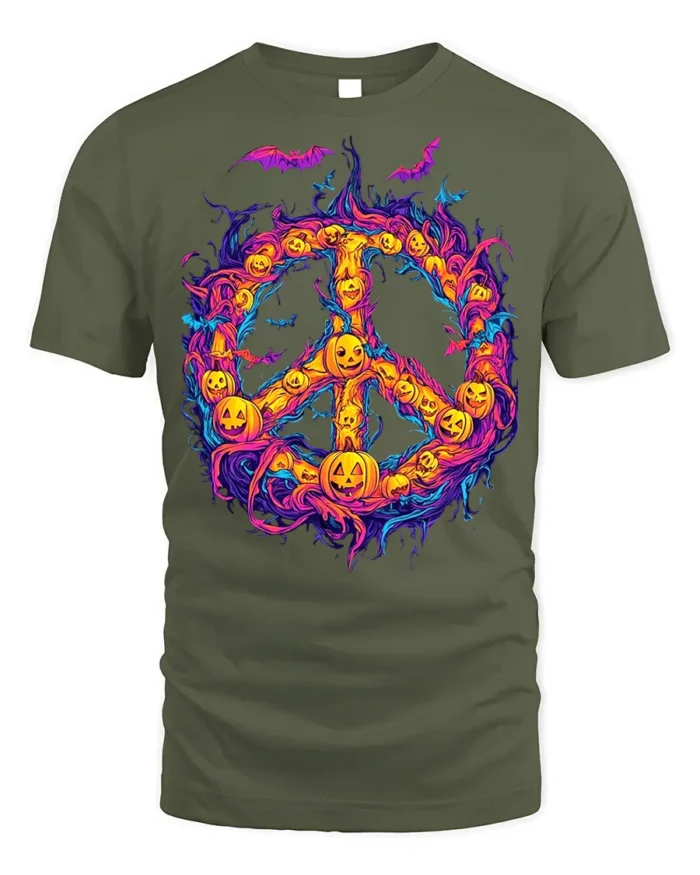 Halloween Pumpkin Peace Sign Spooky T-Shirt - military green t-shirt on white background