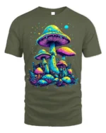 Psychedelic Neon Mushroom Forest Art T-Shirt - military green t-shirt on white background
