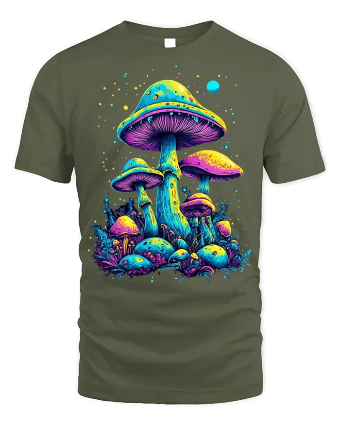 Psychedelic Neon Mushroom Forest Art T-Shirt - military green t-shirt on white background
