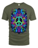Colorful Feather Peace Sign Boho Art T-Shirt - military green t-shirt on white background