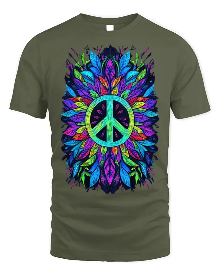 Colorful Feather Peace Sign Boho Art T-Shirt - military green t-shirt on white background