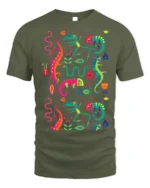 Colorful Gecko and Snake Tropical Art T-Shirt - military green t-shirt on white background