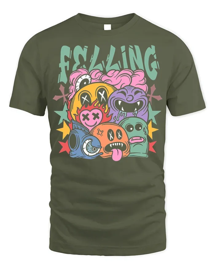 Colorful Cartoon Faces Street Art Graphic T-Shirt - military green t-shirt on white background