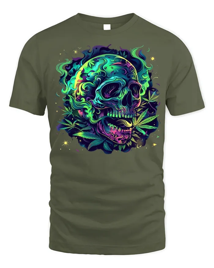 Neon Skull and Cannabis Leaves Art T-Shirt - military green t-shirt on white background