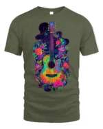 Neon Floral Acoustic Guitar Art Music T-Shirt - military green t-shirt on white background