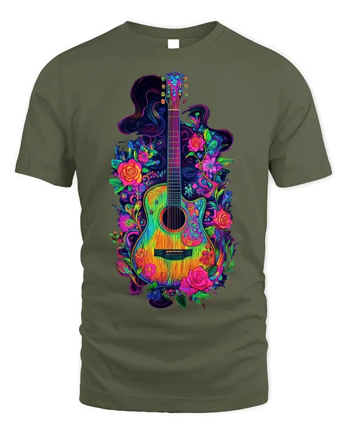 Neon Floral Acoustic Guitar Art Music T-Shirt - military green t-shirt on white background