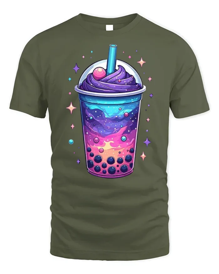 Galaxy Boba Bubble Tea Cosmic Drink T-Shirt - military green t-shirt on white background