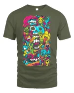 Psychedelic Skull Doodle Art Colorful T-Shirt - military green t-shirt on white background