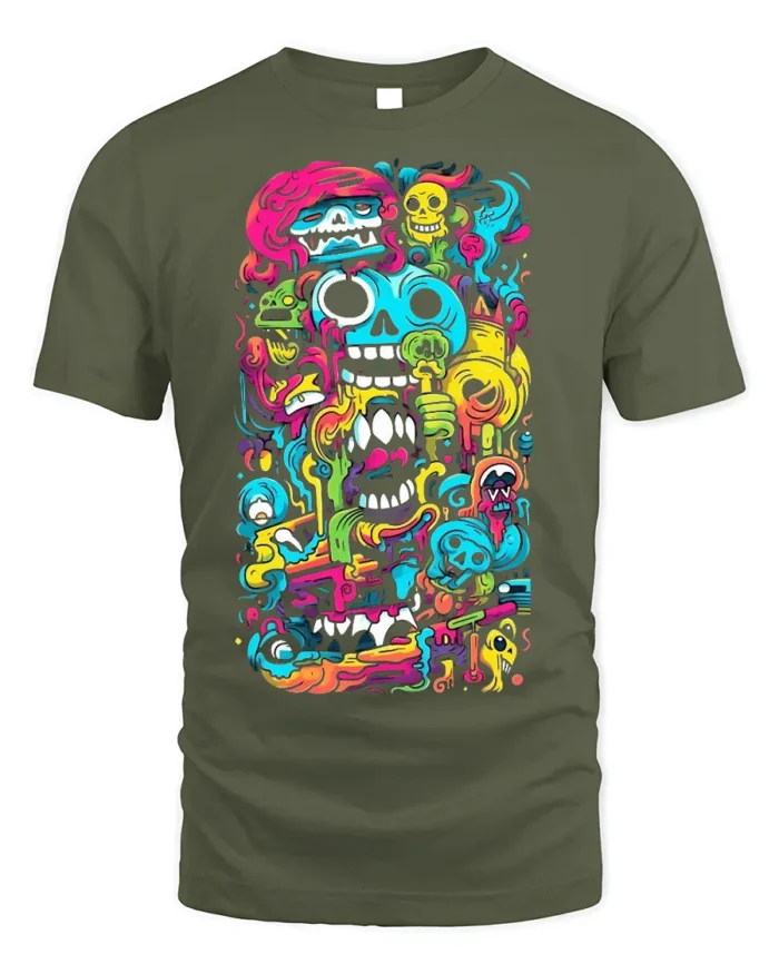 Psychedelic Skull Doodle Art Colorful T-Shirt - military green t-shirt on white background