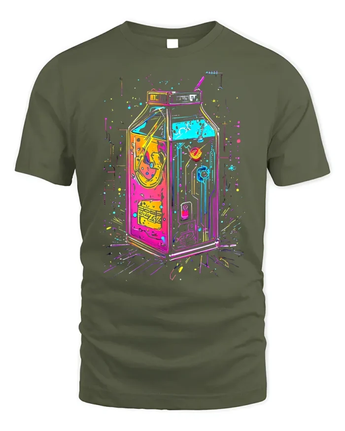Neon Cyberpunk Milk Carton Futuristic T-Shirt - military green t-shirt on white background