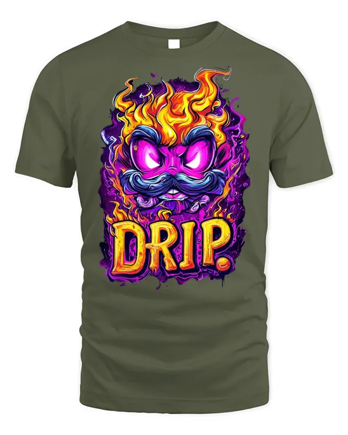 Flaming Mustache Drip Street Art Graphic T-Shirt - military green t-shirt on white background