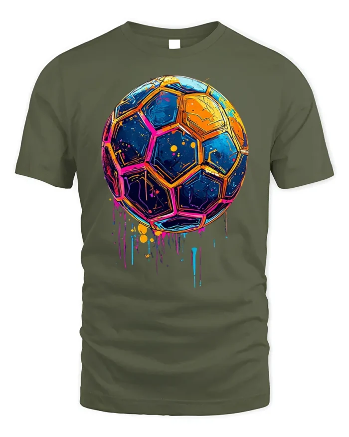 Neon Splash Soccer Ball Street Art Graphic T-Shirt - military green t-shirt on white background