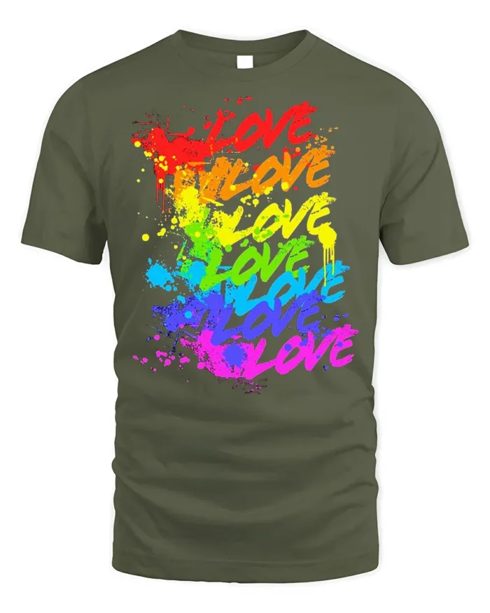 Rainbow Love Graffiti Pride Splash Art T-Shirt - military green t-shirt on white background