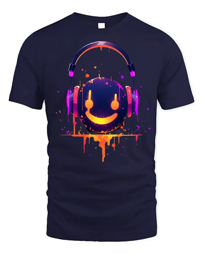 Neon Smile Headphones Music Art Black T-Shirt - navy t-shirt on white background