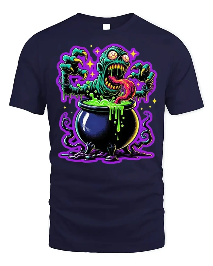 Zombie Cauldron Monster Horror Art T-Shirt - navy t-shirt on white background