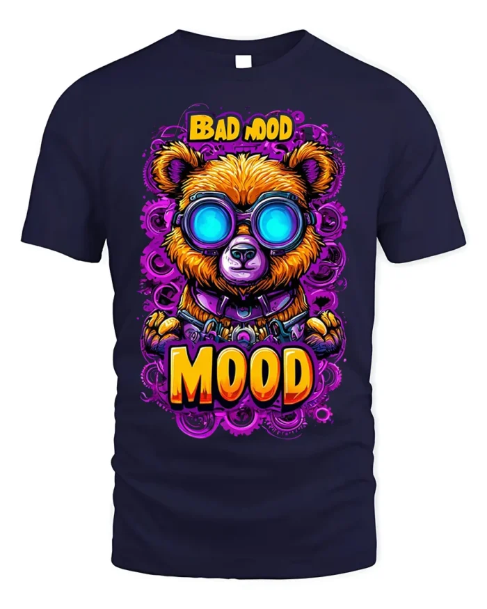 Bad Mood Bear Neon Goggles Street Art T-Shirt - navy t-shirt on white background