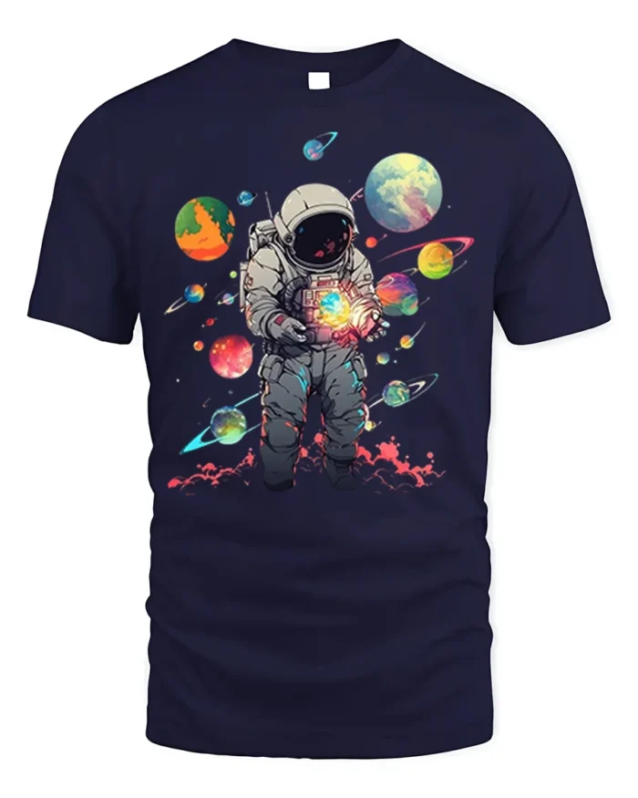 Cosmic Astronaut Holding Planets Space T-Shirt - navy t-shirt on white background