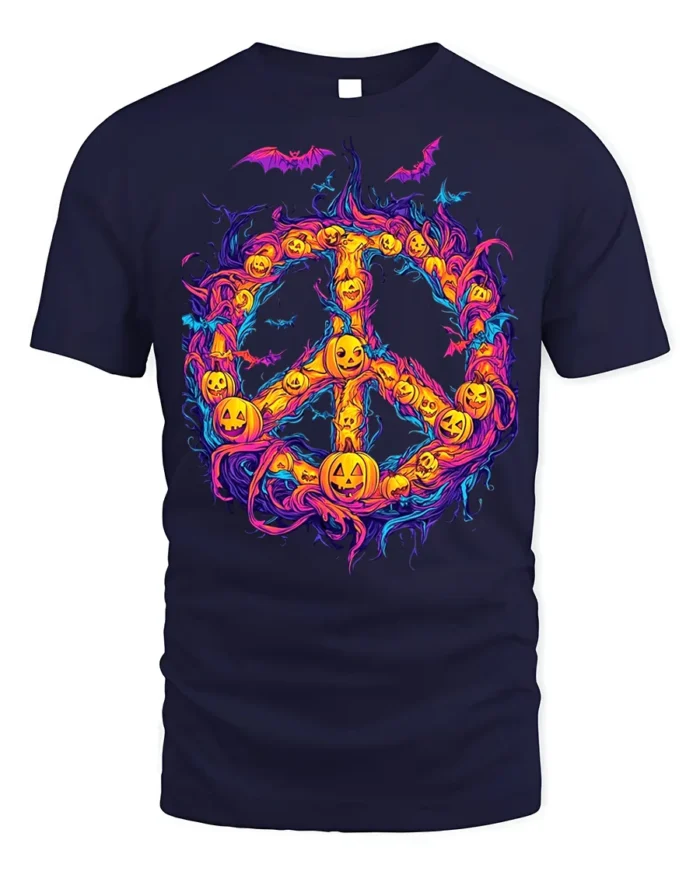 Halloween Pumpkin Peace Sign Spooky T-Shirt - navy t-shirt on white background