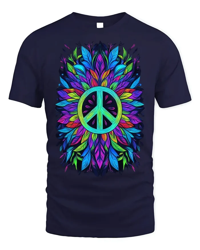 Colorful Feather Peace Sign Boho Art T-Shirt - navy t-shirt on white background