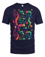 Colorful Gecko and Snake Tropical Art T-Shirt - navy t-shirt on white background