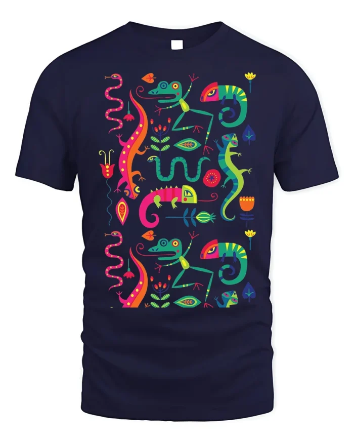 Colorful Gecko and Snake Tropical Art T-Shirt - navy t-shirt on white background