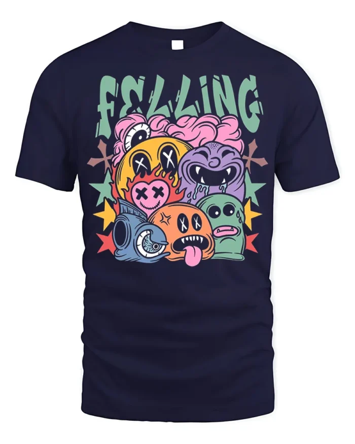 Colorful Cartoon Faces Street Art Graphic T-Shirt - navy t-shirt on white background