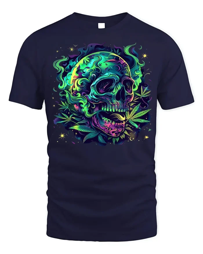 Neon Skull and Cannabis Leaves Art T-Shirt - navy t-shirt on white background