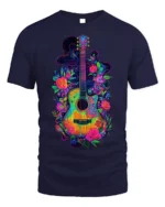 Neon Floral Acoustic Guitar Art Music T-Shirt - navy t-shirt on white background