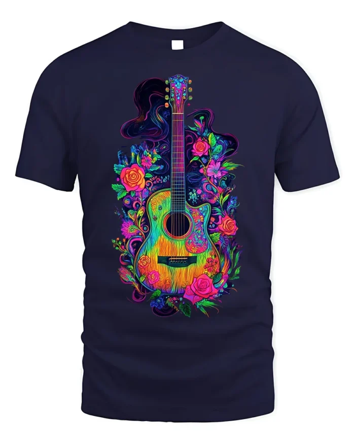 Neon Floral Acoustic Guitar Art Music T-Shirt - navy t-shirt on white background