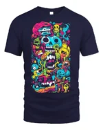 Psychedelic Skull Doodle Art Colorful T-Shirt - navy t-shirt on white background