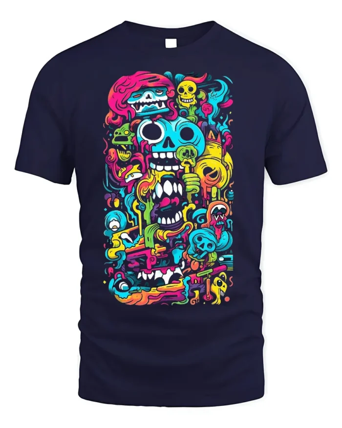 Psychedelic Skull Doodle Art Colorful T-Shirt - navy t-shirt on white background