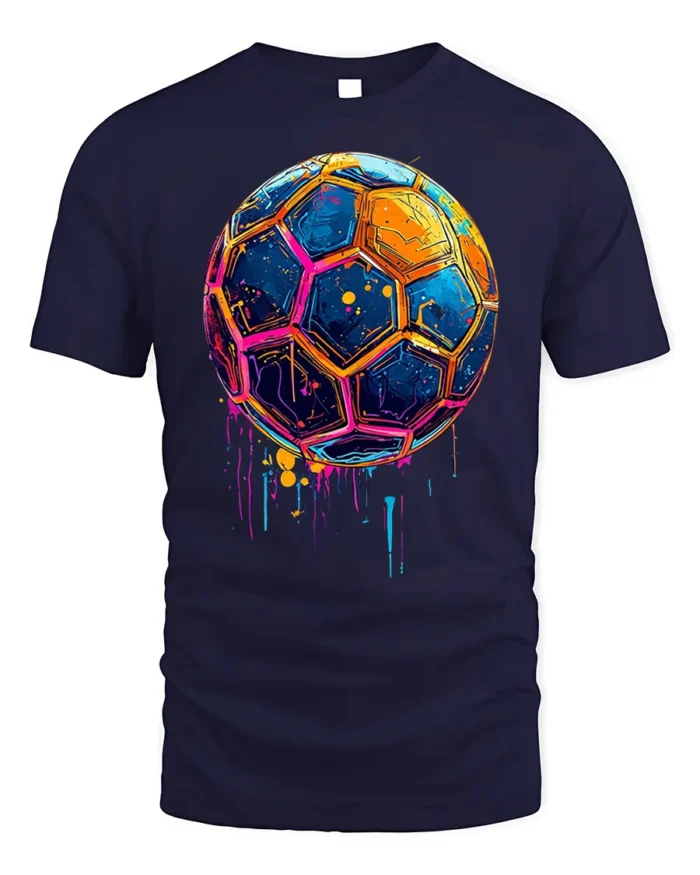 Neon Splash Soccer Ball Street Art Graphic T-Shirt - navy t-shirt on white background