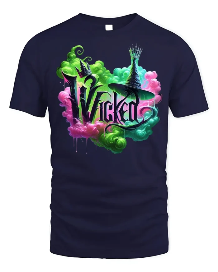 Wicked Witch Neon Smoke Fantasy Art T-Shirt - navy t-shirt on white background