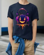 Neon Smile Headphones Music Art Black T-Shirt - model wearing navy shirt, hands in pockets