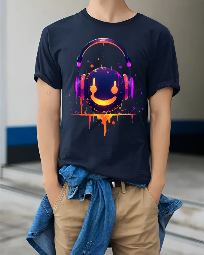 Neon Smile Headphones Music Art Black T-Shirt - model wearing navy shirt, hands in pockets