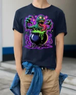 Zombie Cauldron Monster Horror Art T-Shirt - model wearing navy shirt, hands in pockets
