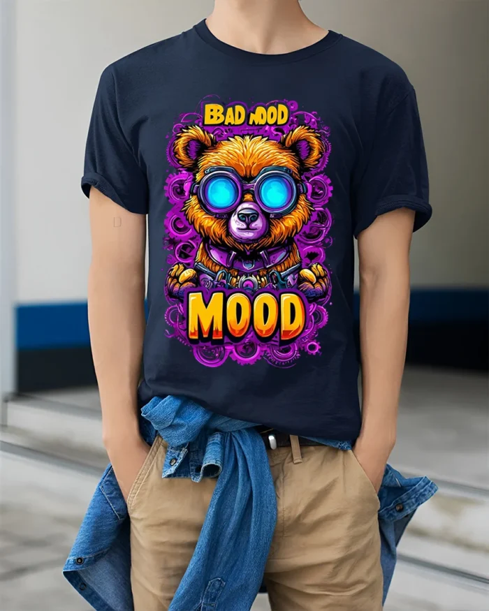 Bad Mood Bear Neon Goggles Street Art T-Shirt - model wearing navy shirt, hands in pockets