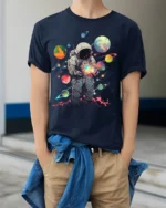 Cosmic Astronaut Holding Planets Space T-Shirt - model wearing navy shirt, hands in pockets
