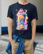 Kawaii Bubble Tea Cute Boba Drink Art T-Shirt - model wearing navy shirt, hands in pockets