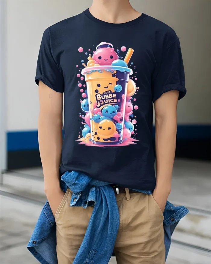 Kawaii Bubble Tea Cute Boba Drink Art T-Shirt - model wearing navy shirt, hands in pockets
