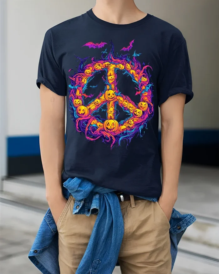 Halloween Pumpkin Peace Sign Spooky T-Shirt - model wearing navy shirt, hands in pockets