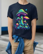 Psychedelic Neon Mushroom Forest Art T-Shirt - model wearing navy shirt, hands in pockets
