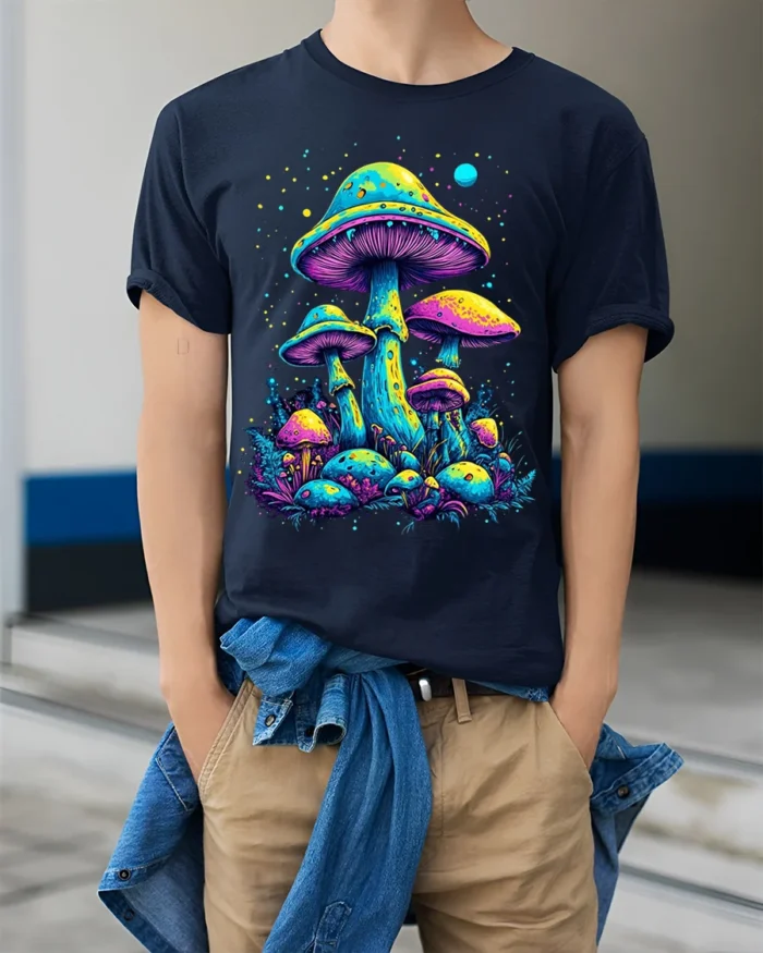 Psychedelic Neon Mushroom Forest Art T-Shirt - model wearing navy shirt, hands in pockets