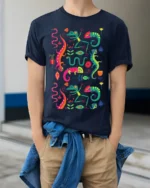 Colorful Gecko and Snake Tropical Art T-Shirt - model wearing navy shirt, hands in pockets