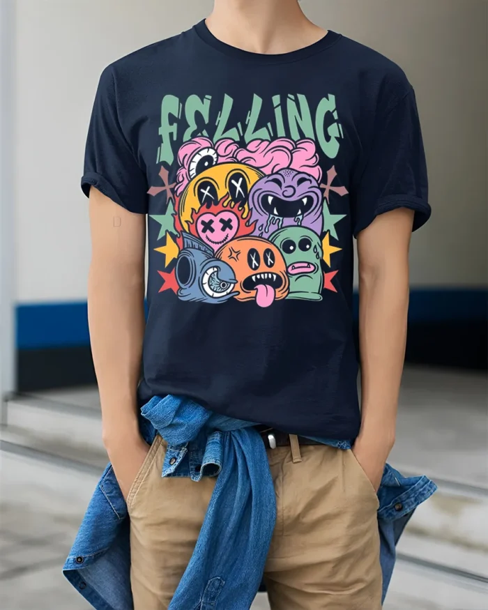 Colorful Cartoon Faces Street Art Graphic T-Shirt - model wearing navy shirt, hands in pockets