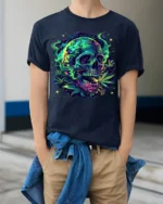 Neon Skull and Cannabis Leaves Art T-Shirt - model wearing navy shirt, hands in pockets
