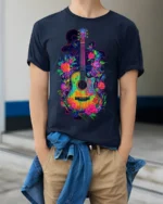 Neon Floral Acoustic Guitar Art Music T-Shirt - model wearing navy shirt, hands in pockets