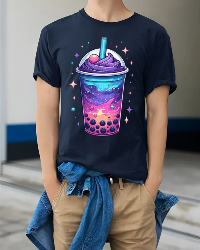 Galaxy Boba Bubble Tea Cosmic Drink T-Shirt - model wearing navy shirt, hands in pockets